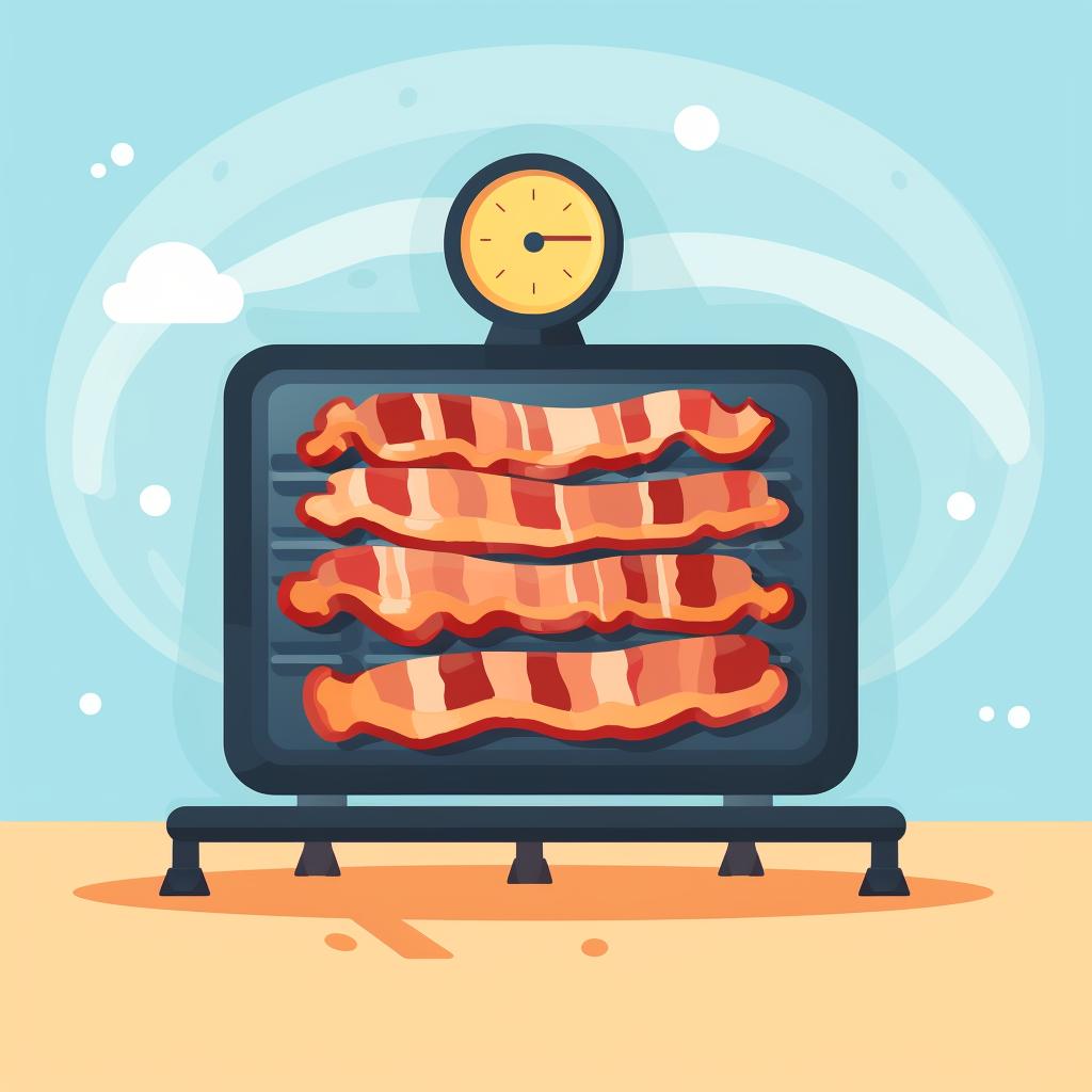 Bacon grilling on a grill with a timer showing 6-8 minutes.