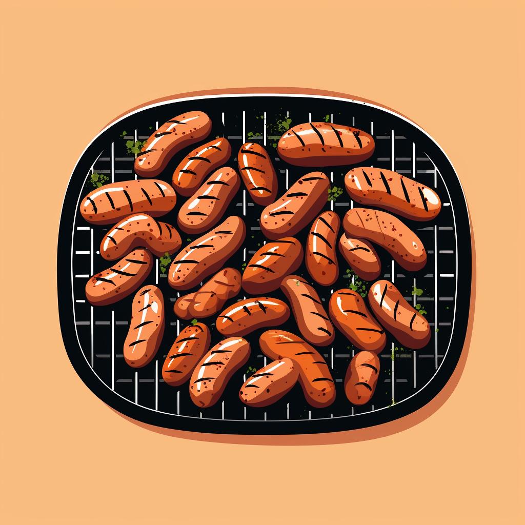 Bratwurst neatly arranged on a grill.