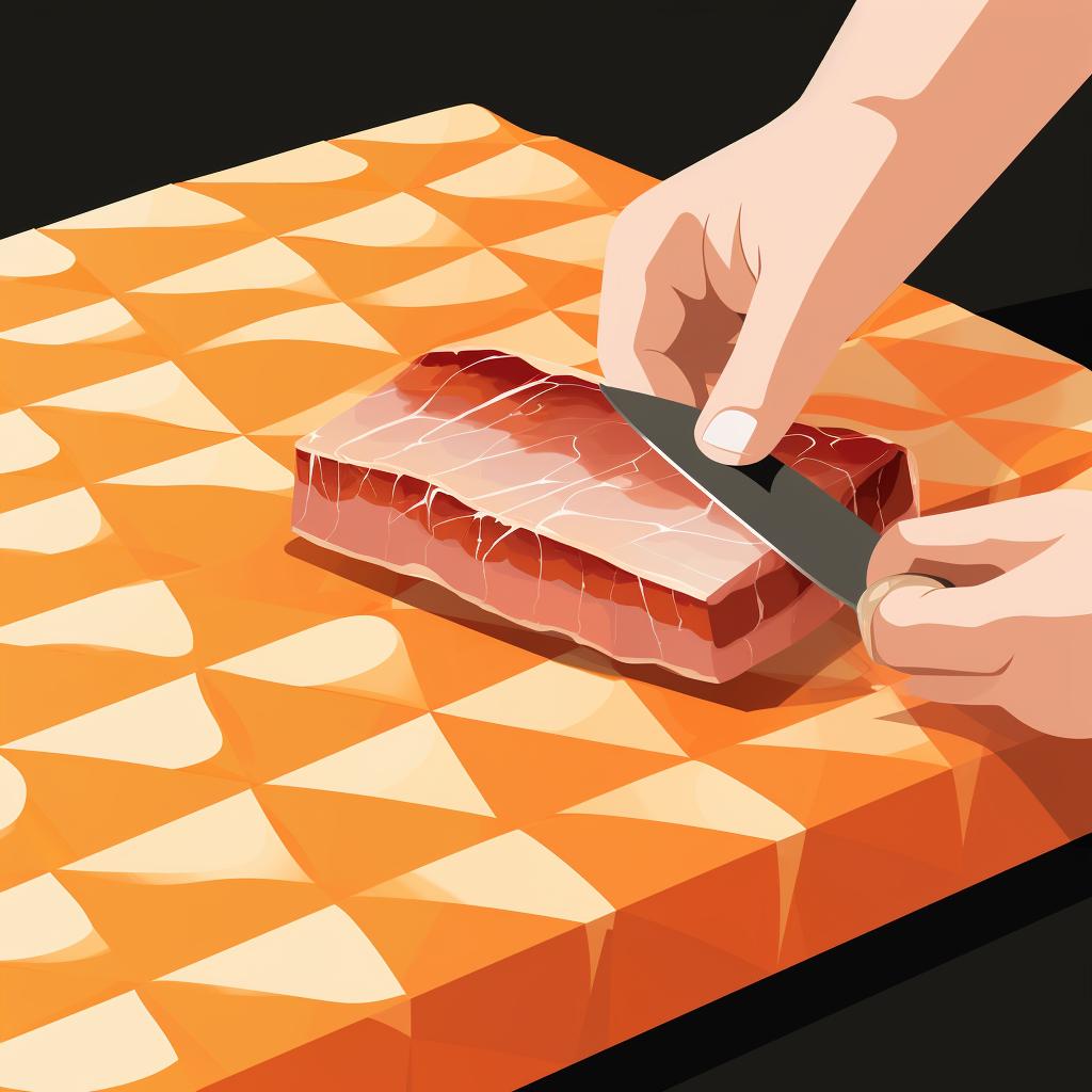 Pork belly skin being scored in a diamond pattern